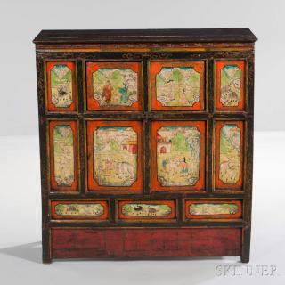 Appraisal: Paint-decorated Wooden Cabinet Paint-decorated Wooden Cabinet Tibet late th early