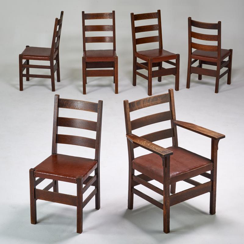 Appraisal: GUSTAV STICKLEY Assembled set of six ladderback dining chairs one