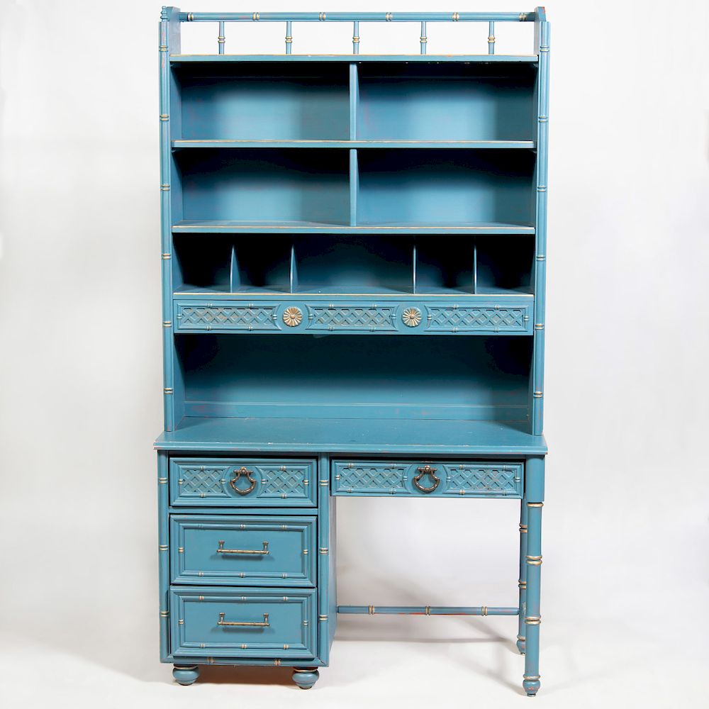 Appraisal: Modern Blue Painted and Parcel-Gilt Desk Fitted with a superstructure