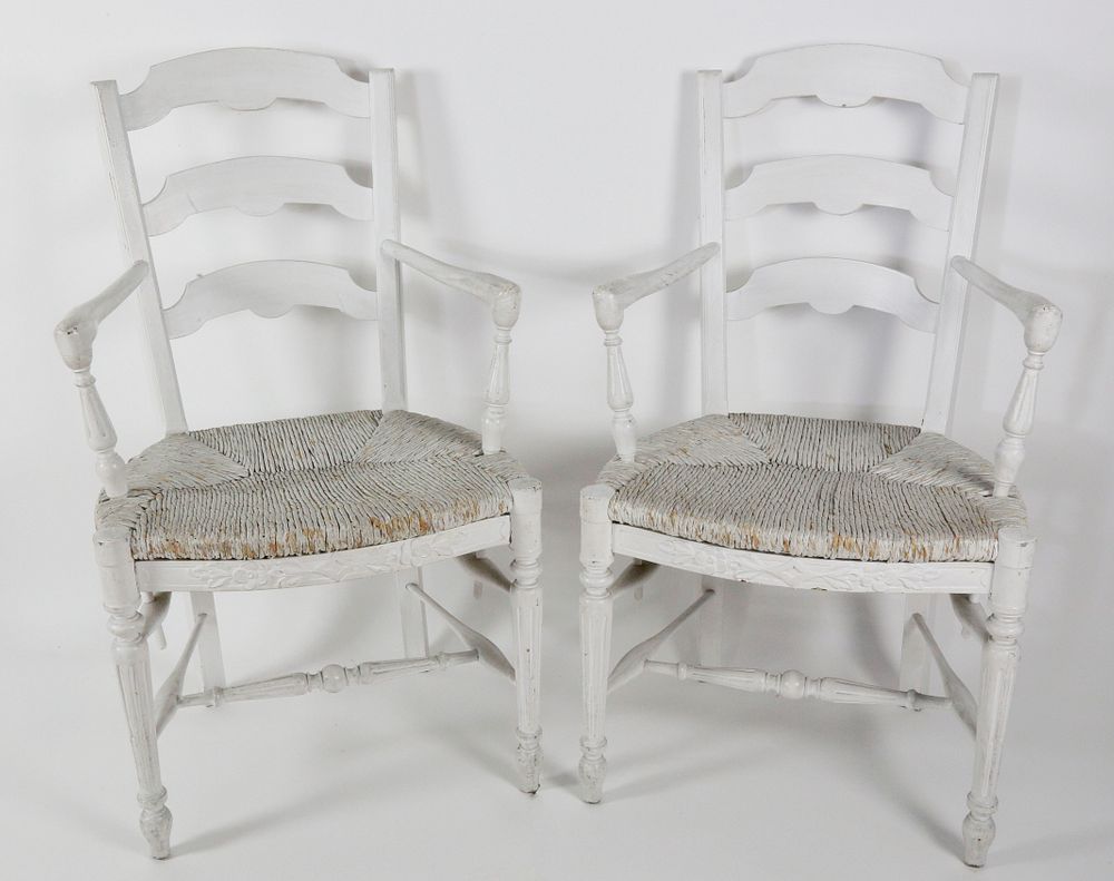 Appraisal: Pair of Contemporary Whitewashed French Provincial Style Rush Seat Armchairs