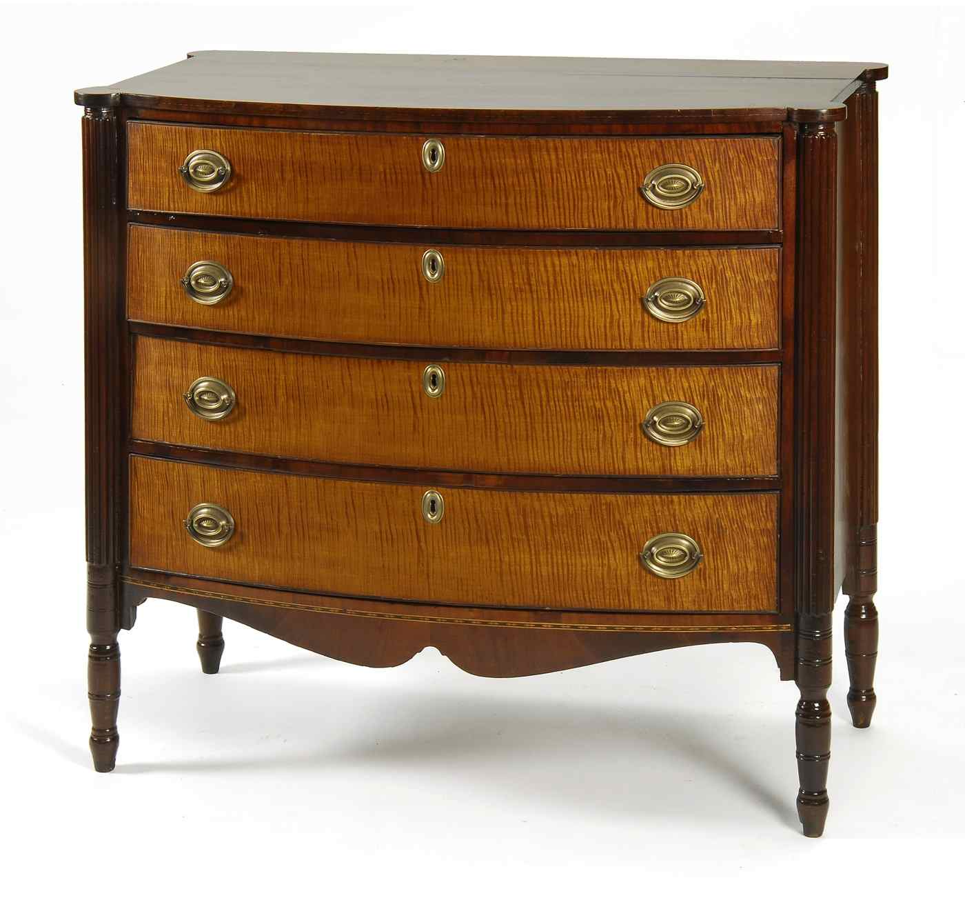 Appraisal: ANTIQUE AMERICAN SHERATON FOUR-DRAWER BOWFRONT CHESTCirca - In cherry with