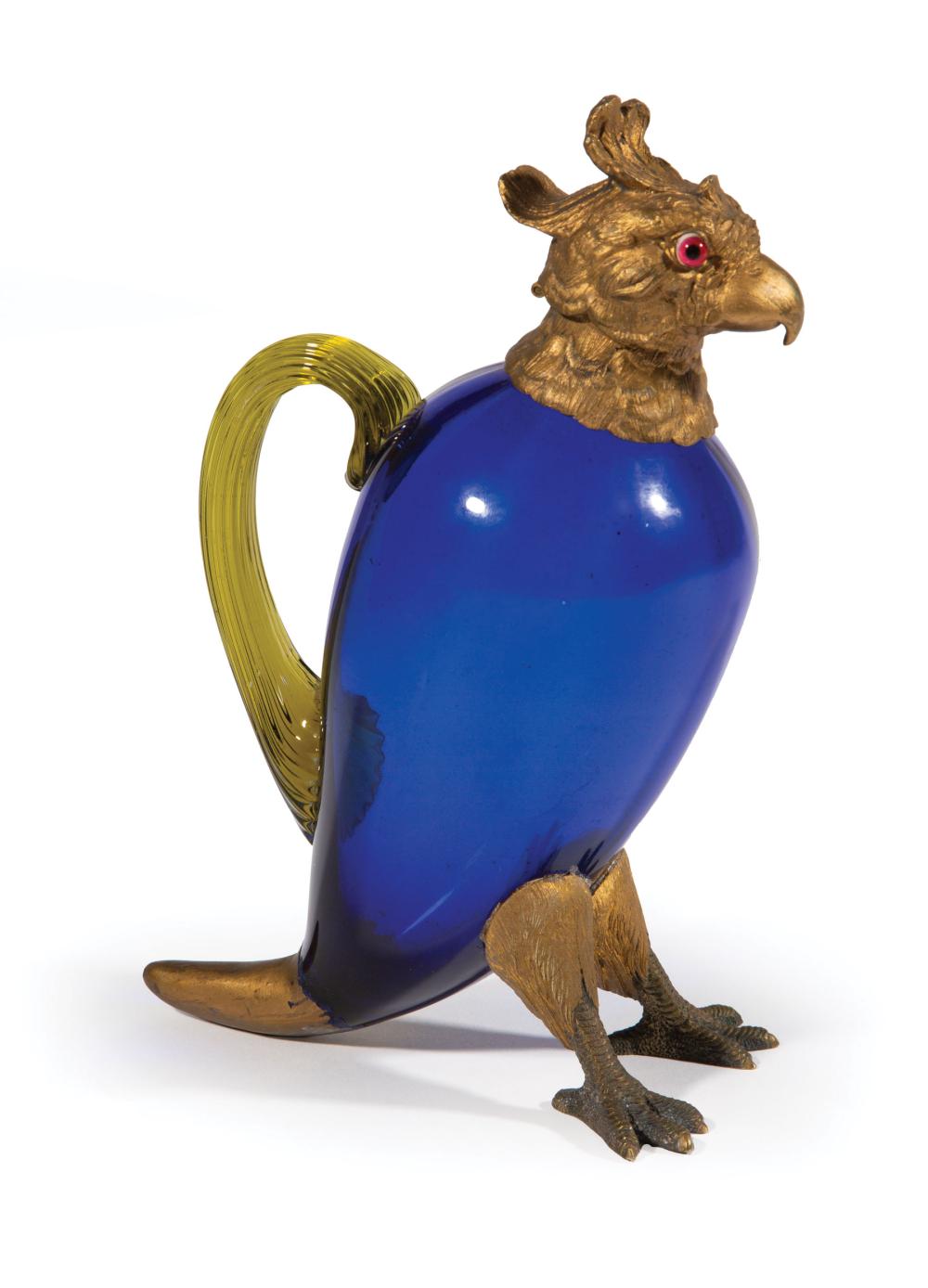 Appraisal: Continental Gilt Metal Cobalt and Yellow Glass Parrot Claret Jug