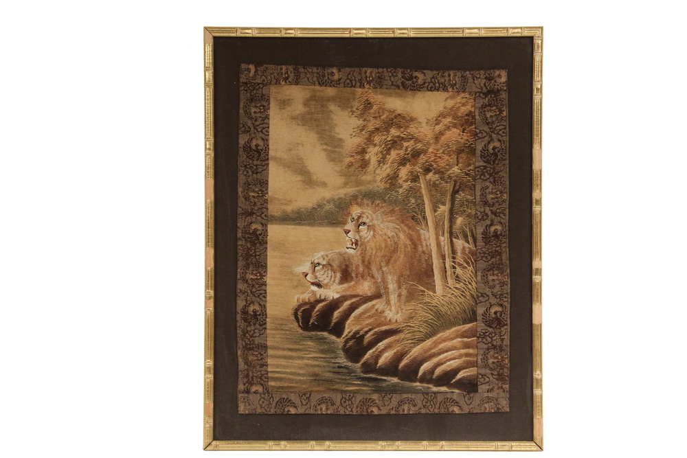 Appraisal: FRAMED CHINESE SILKWORK - Late th c Pair of Lions