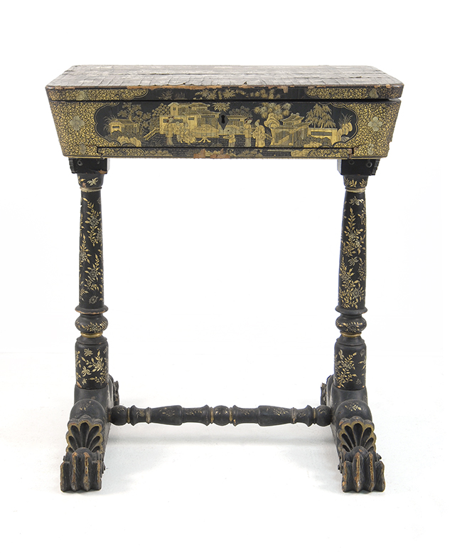 Appraisal: BLACK AND GOLD CHINESE LACQUER SEWING TABLE Early th CenturyWith