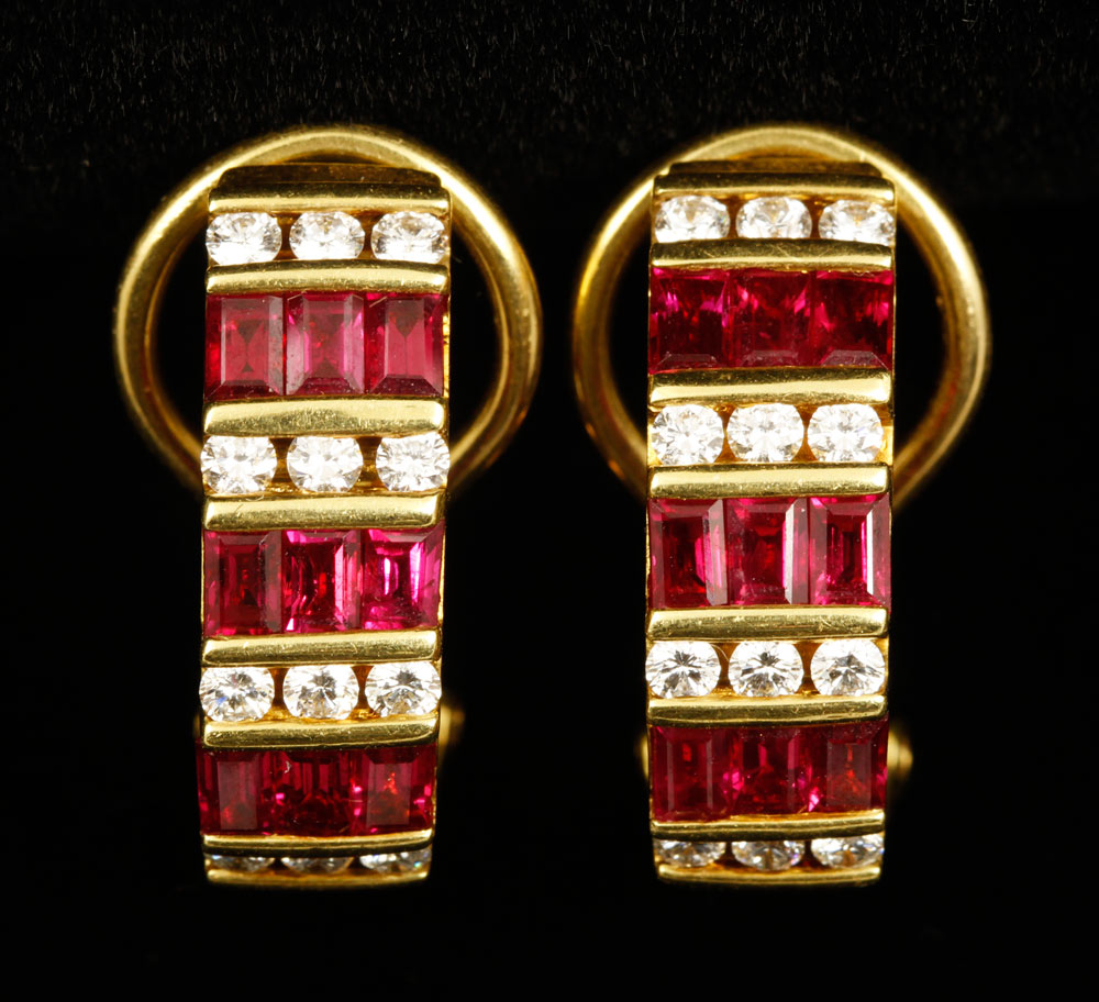 Appraisal: - K Gold Diamond and Ruby Earrings Pair of K