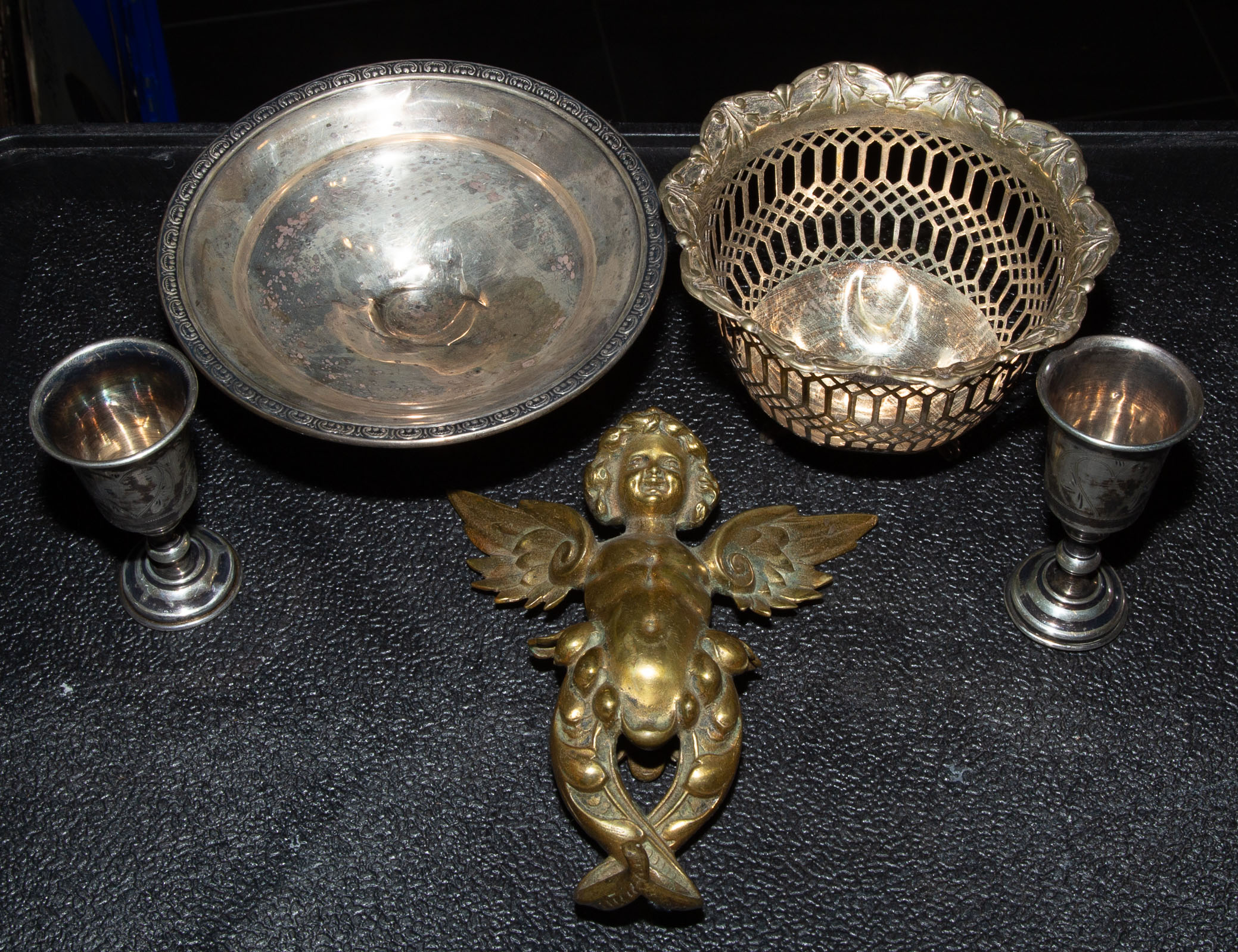 Appraisal: STERLING DECORATIVE OBJECTS Including two Russian silver standard kiddush cups