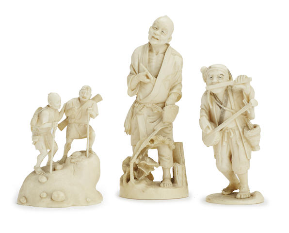 Appraisal: Three Japanese carved ivory figures Meiji period Comprising a figure