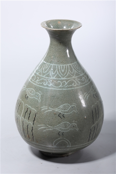 Appraisal: Korean celadon glazed vase depicting birds x approx