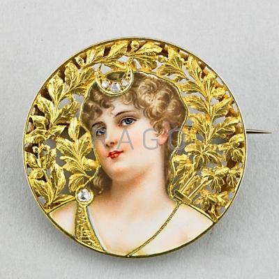 Appraisal: ENAMELED K GOLD DIAMOND DIANA BROOCH Depicts the goddess of