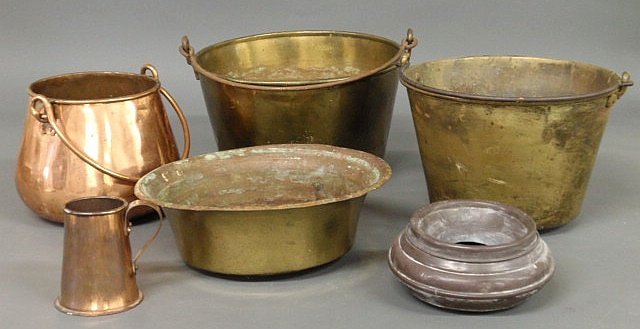 Appraisal: Group of brass and copper- pail bucket spittoon mug etc