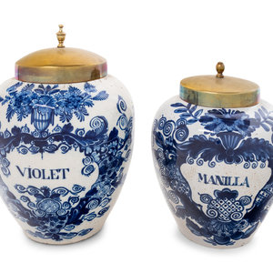 Appraisal: Two Delft Blue and White Tobacco Jars Possibly De Drie