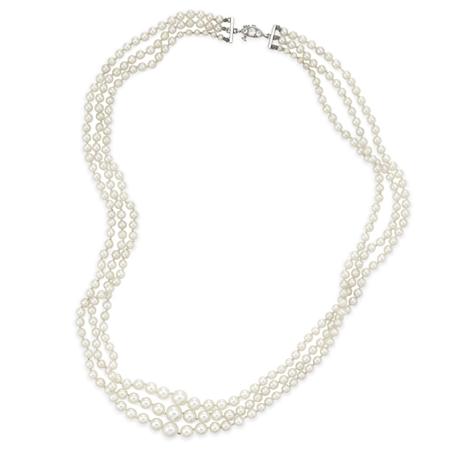 Appraisal: Triple Strand Natural Pearl Necklace with Diamond Clasp Tiffany Co