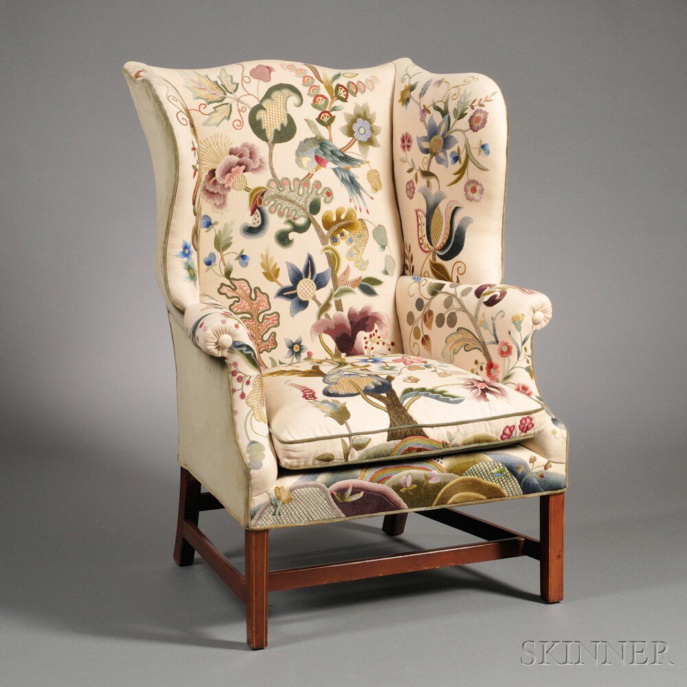 Appraisal: Inlaid Mahogany Crewelwork-upholstered Easy Chair New England late th century