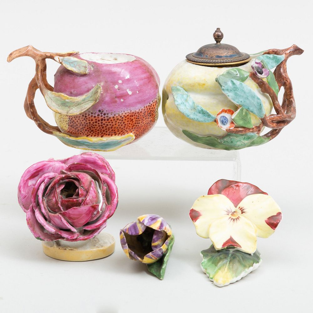 Appraisal: Group of Five Porcelain Fruit and Flower Form Desk Articles