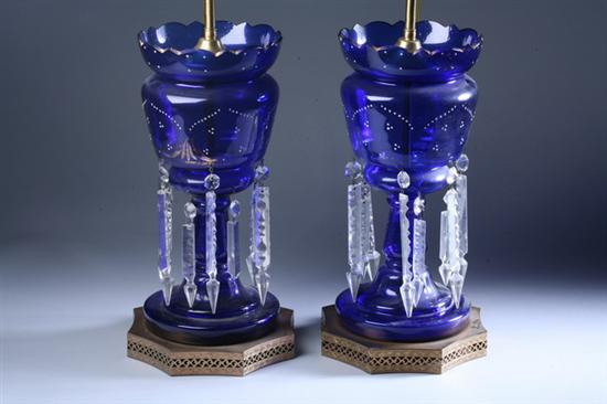 Appraisal: PAIR VICTORIAN BLUE GLASS LUSTRES late th century Gilt and