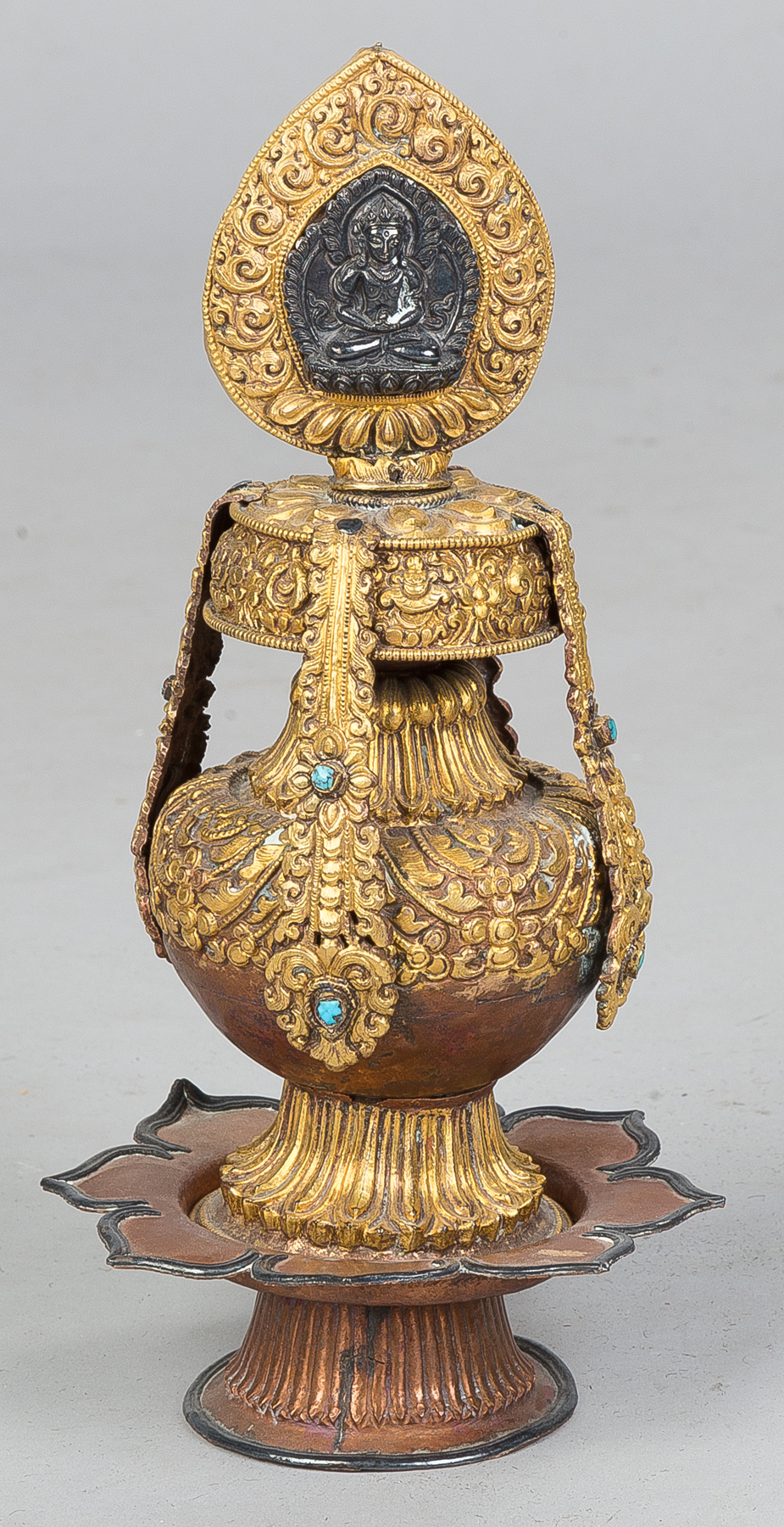 Appraisal: Tibetan Brass Copper Ceremonial Piece Two piece with turquoise