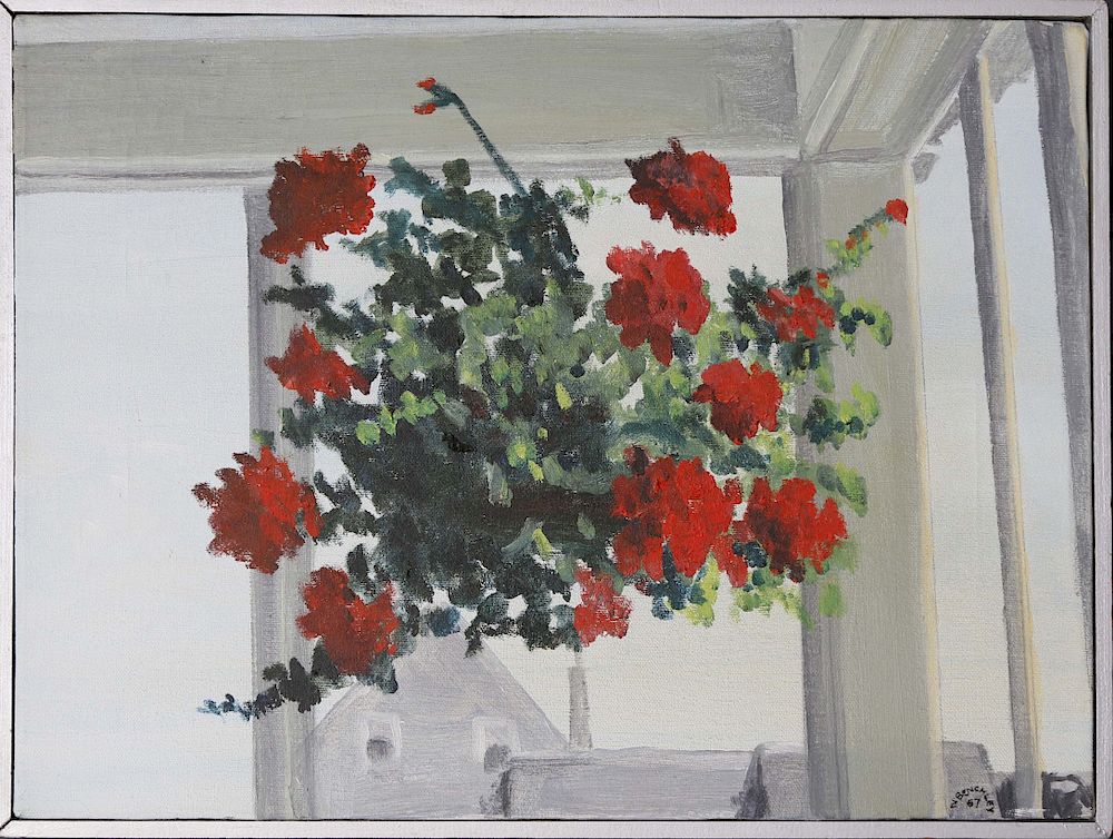 Appraisal: Nathaniel Benchley Oil on Canvas Geranium Hanging Basket Nathaniel Benchley