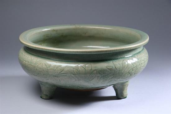 Appraisal: CHINESE LONGQUAN CELADON PORCELAIN TRIPOD CENSER Ming Dynasty Incised with