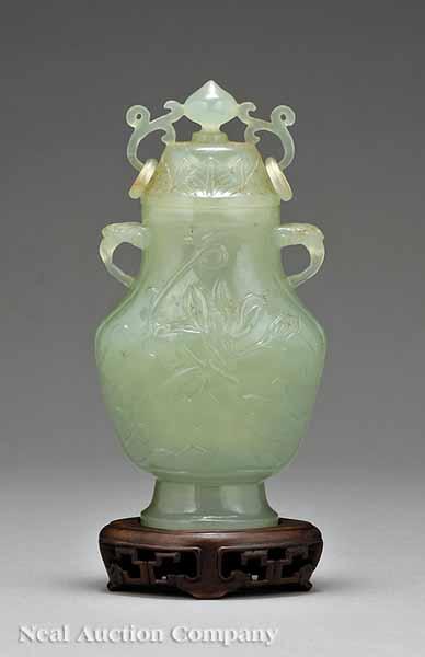 Appraisal: A Chinese Carved Milky Celadon Green Jade Covered Vase probably