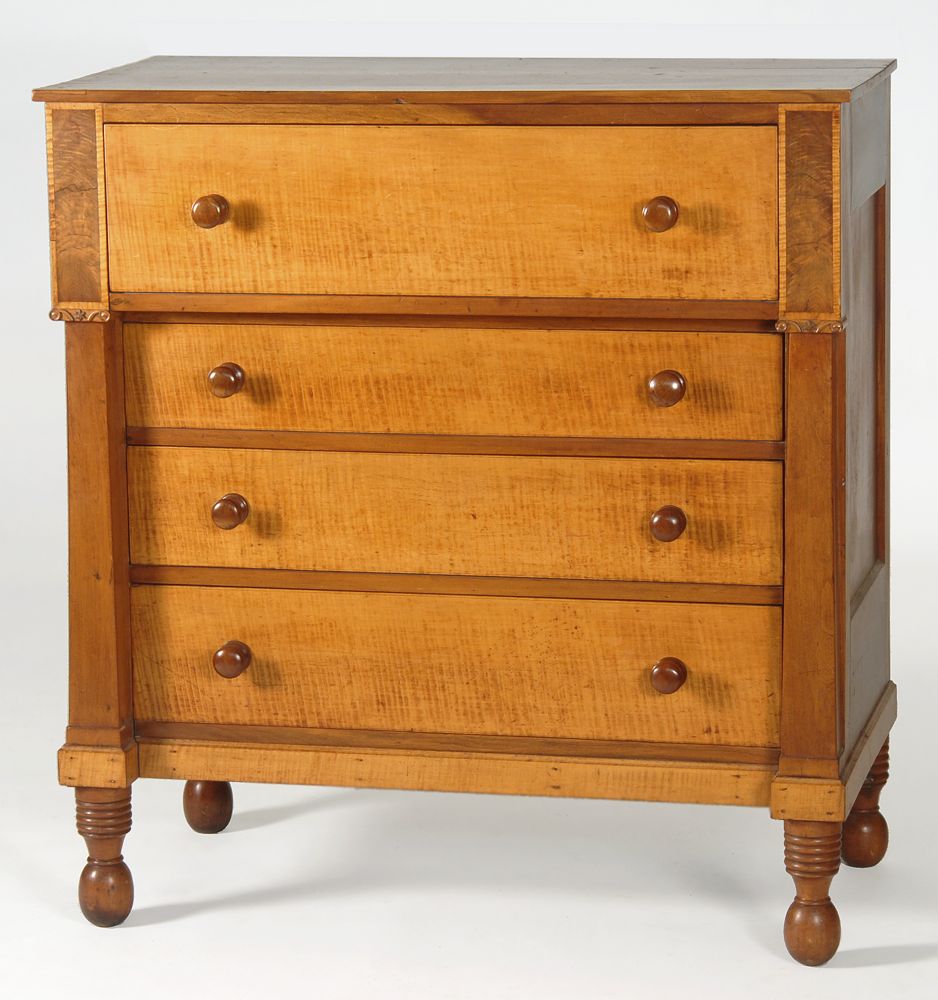 Appraisal: ANTIQUE AMERICAN FOUR-DRAWER BUREAU In cherry with tiger maple drawer