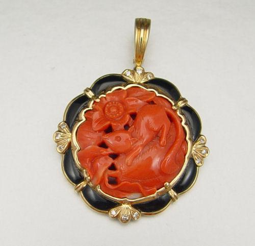 Appraisal: K CORAL ENAMEL DIAMOND PENDANT K yellow gold enhancer pendant