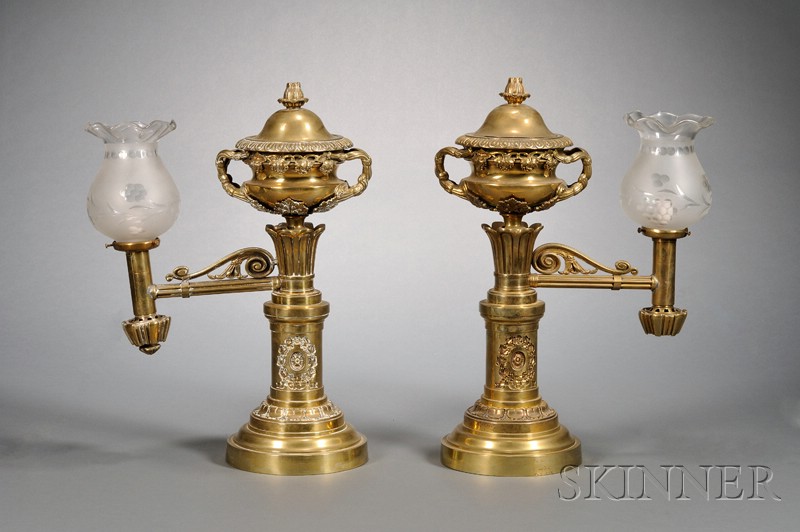 Appraisal: Pair of Empire-style Brass Argand Lamps late th century with