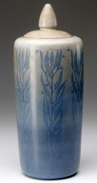 Appraisal: MARBLEHEAD Tall cylindrical lidded vase painted with blue seaweed on