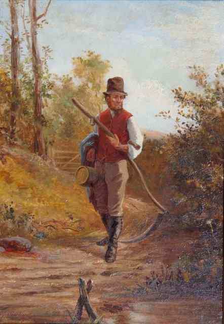 Appraisal: TH CENTURY ENGLISH SCHOOLPeasant farmer walking through the woods signed