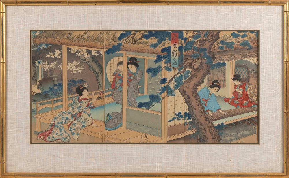 Appraisal: TOYOHARA CHIKANOBU JAPAN - TRIPTYCH DEPICTING LADIES ONE WITH A