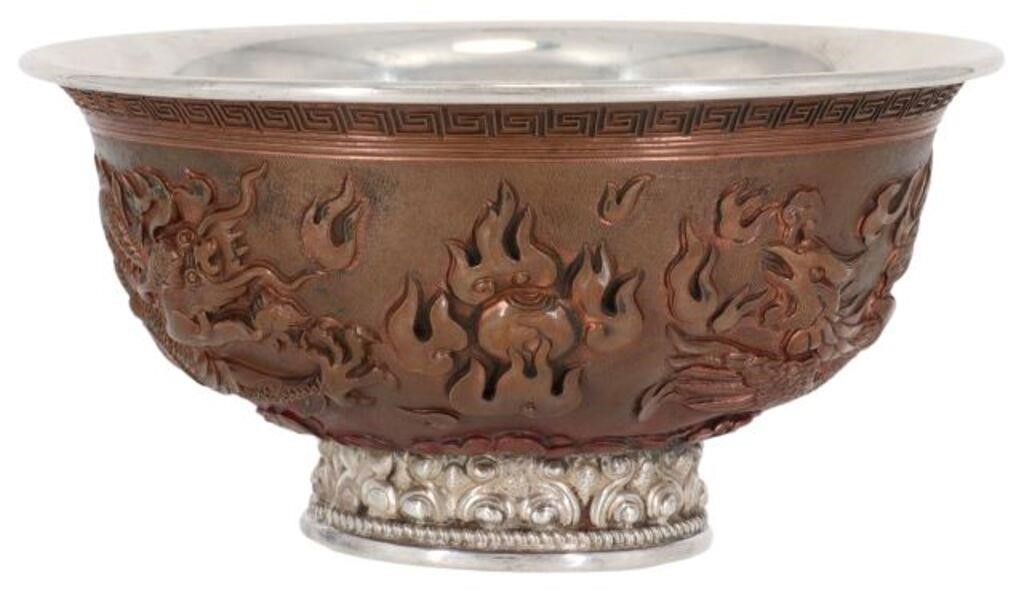 Appraisal: Chinese mixed metal footed bowl rolled rim meander band repousse