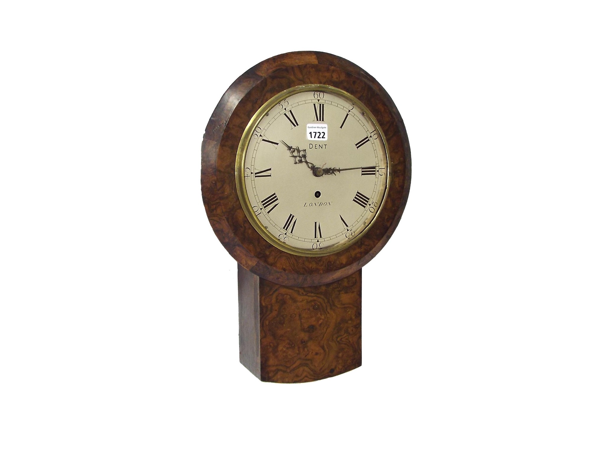 Appraisal: Burr walnut single fusee drop dial wall clock with A-frame