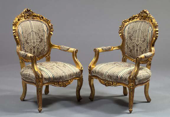 Appraisal: Pair of Napoleon III-Style Giltwood Fauteuils in the Louis XV