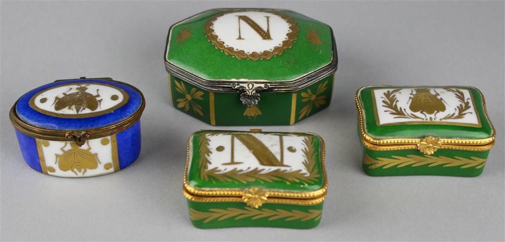 Appraisal: FOUR FRENCH GILT-METAL-MOUNTED NAPOLEONIC BOXES including one shaped rectangular green-ground