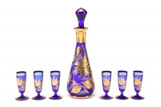 Appraisal: Stunning Cobalt Gold Glass Decanter Set Manner of Moser Bohemian