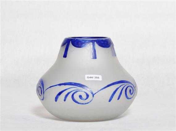 Appraisal: LEGRAS VASE circa White glass with blue enamel relief Signed