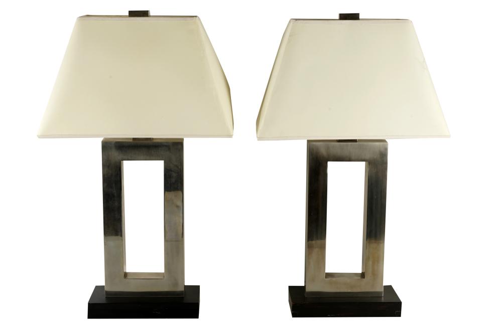 Appraisal: PAIR OF CHROME TABLE LAMPSunsigned with rectangular shades and bases