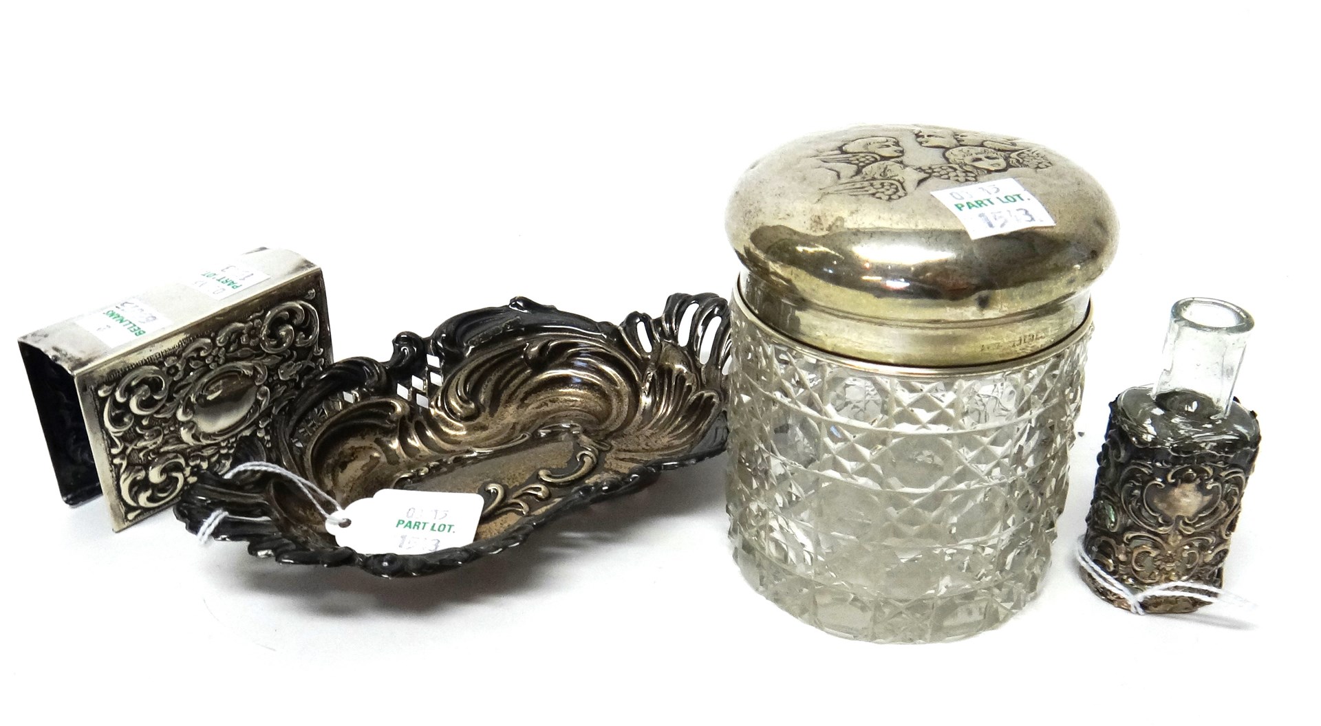 Appraisal: Silver and silver mounted wares comprising a cartouche shaped bonbon