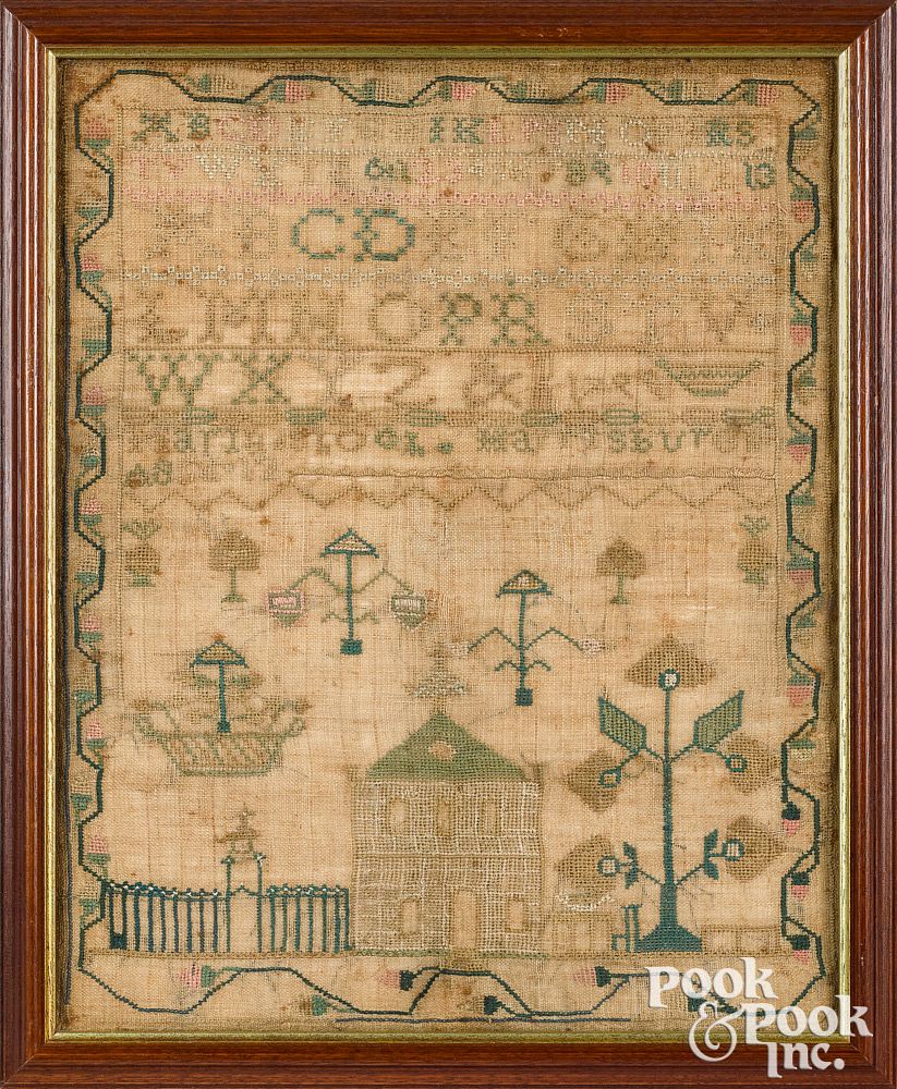 Appraisal: Harrisburg Pennsylvania silk on linen sampler Harrisburg Pennsylvania silk on