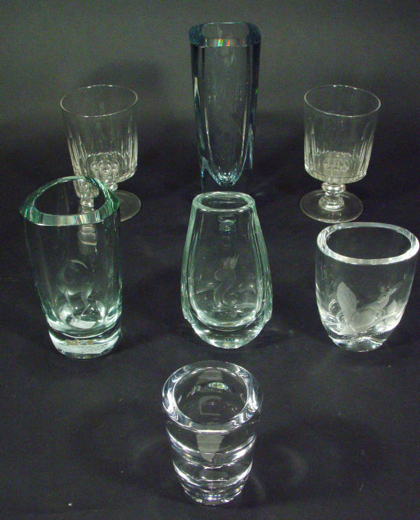 Appraisal: Five Scandinavian clear glass vases cut and etched with animals