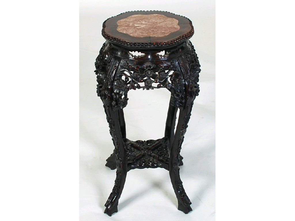 Appraisal: NINETEENTH CENTURY CHINESE CARVED HARDWOOD AND MARBLE JARDINIERE URN STAND