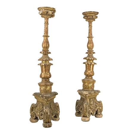 Appraisal: Pair of Italian Baroque Style Gilt-Wood Altar Sticks Estimate -