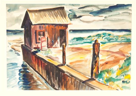 Appraisal: Arnold Pyle American - Fishing Shack on the Water watercolor