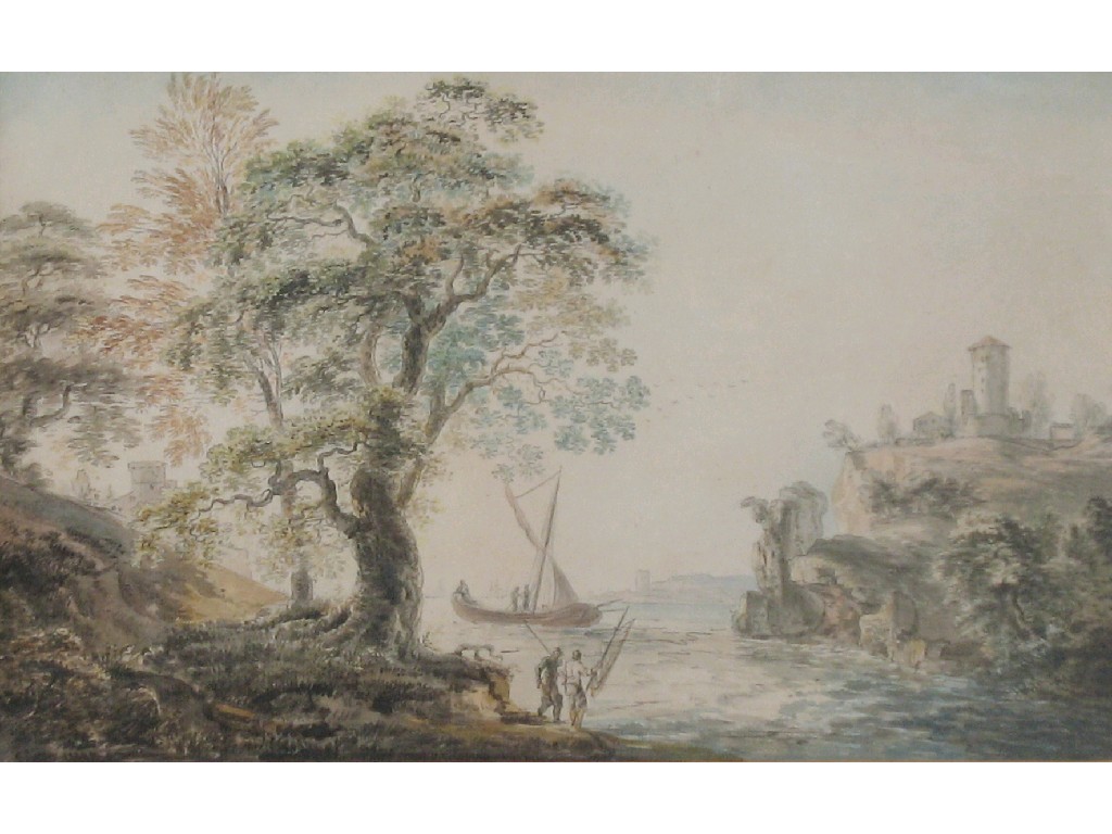 Appraisal: PAUL SANDBY An Italianate landscape with figures beside an inlet