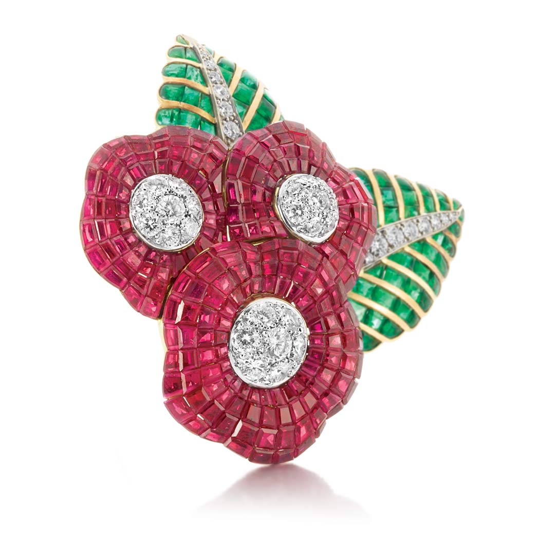 Appraisal: Gold Platinum Mystery-Set Ruby and Emerald and Diamond Flower Clip-Brooch