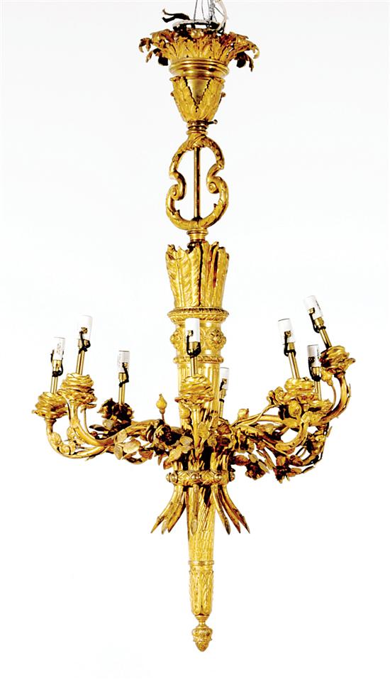 Appraisal: Louis XVI style gilt-bronze eight-light chandelier late th century center