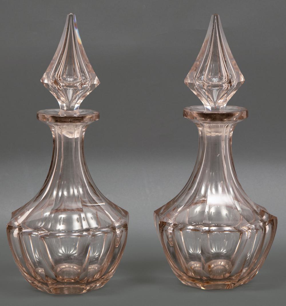 Appraisal: Pair of Antique French or English Panel Cut Glass Decanters