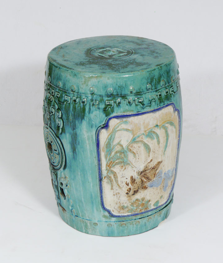 Appraisal: ORIENTAL GARDEN SEAT Blue green glaze with one panel featuring