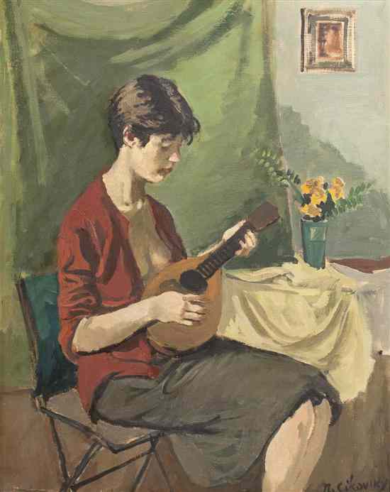 Appraisal: Nicolai Cikovsky Russian - Woman Playing Lute oil on canvas