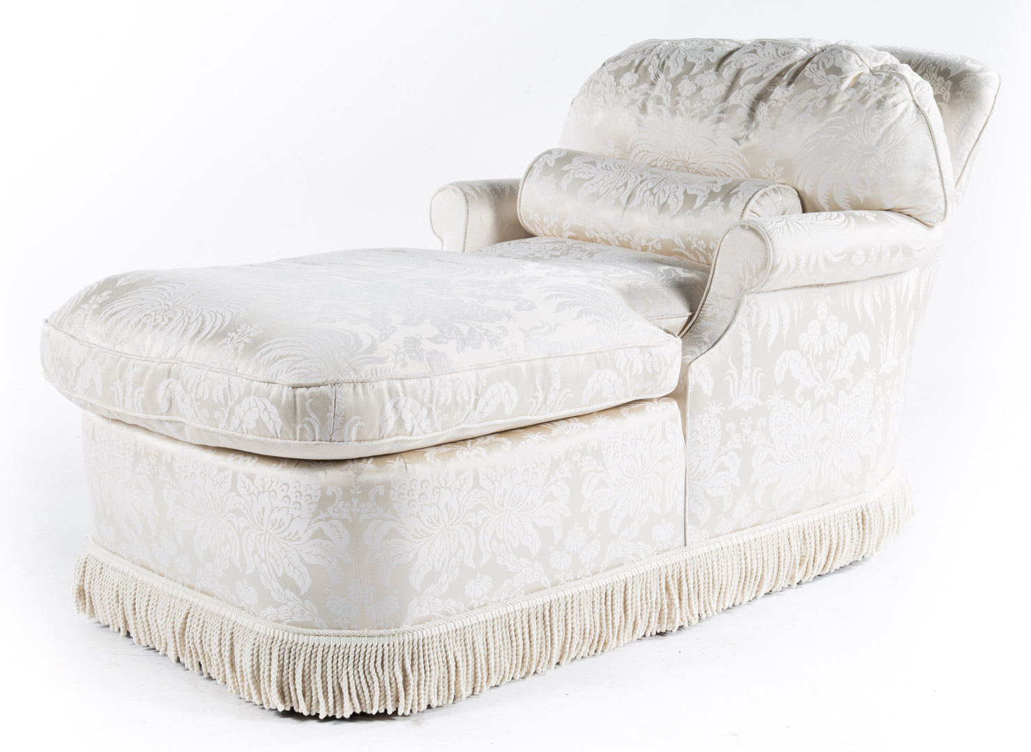 Appraisal: Contemporary upholstered chaise lounge ivory damask upholstered back arms and