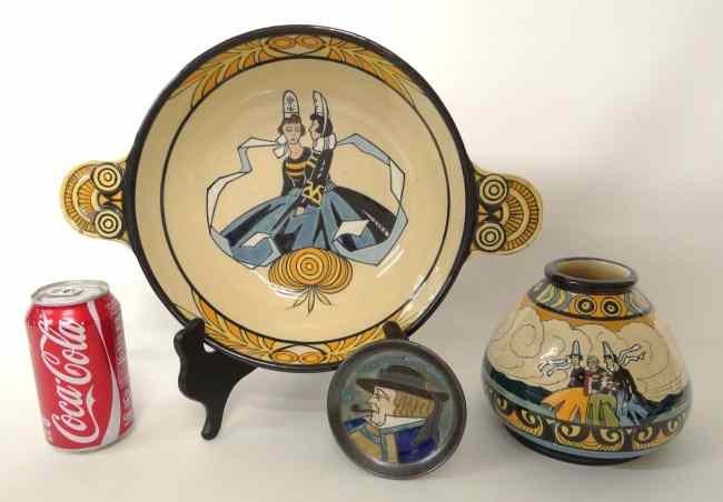 Appraisal: Quimper bowl vase and coaster with art deco design By